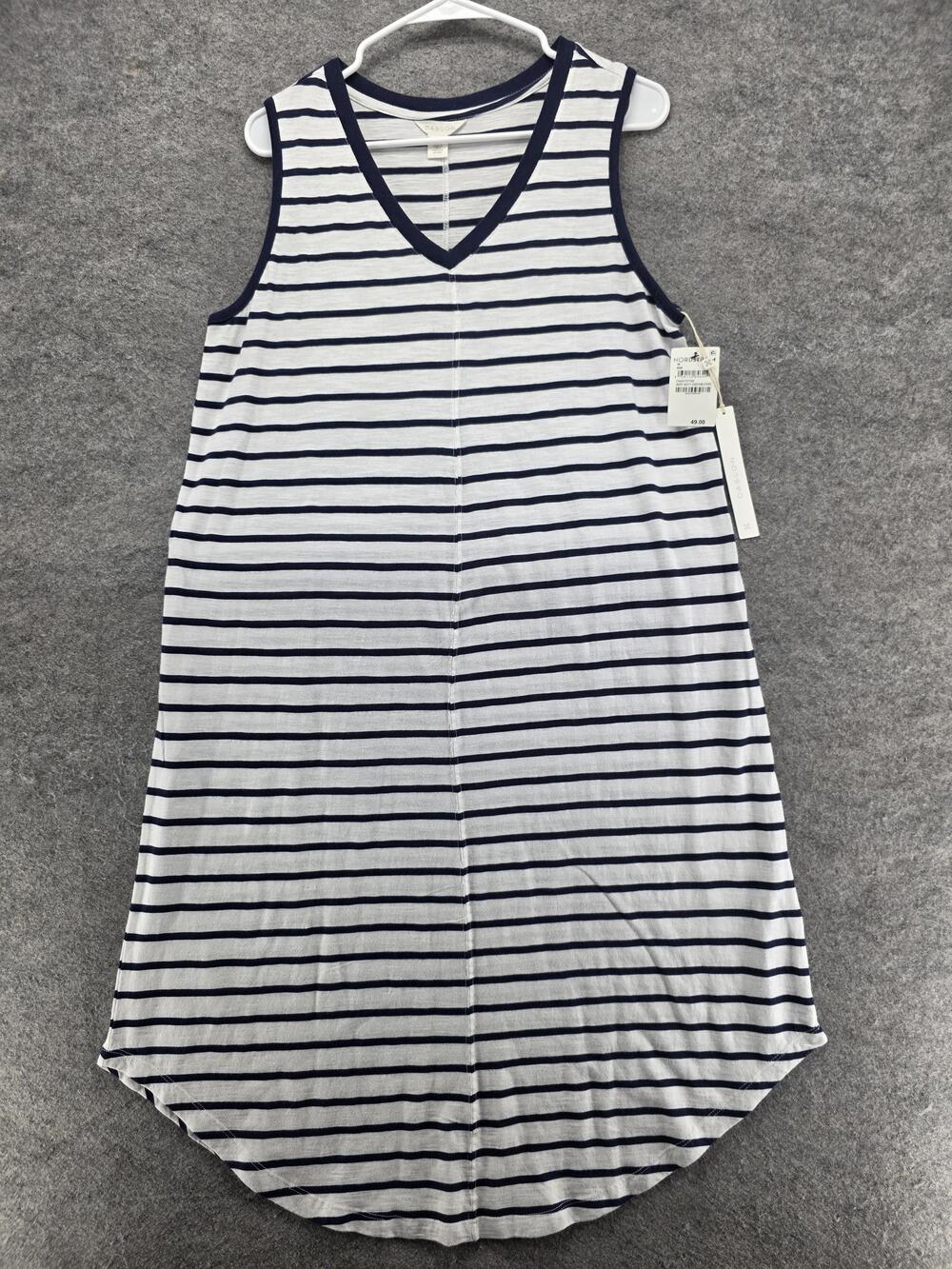 Caslon Dress Womens M White Navy Striped V-Neck Tank Midi Shift Sleeveless